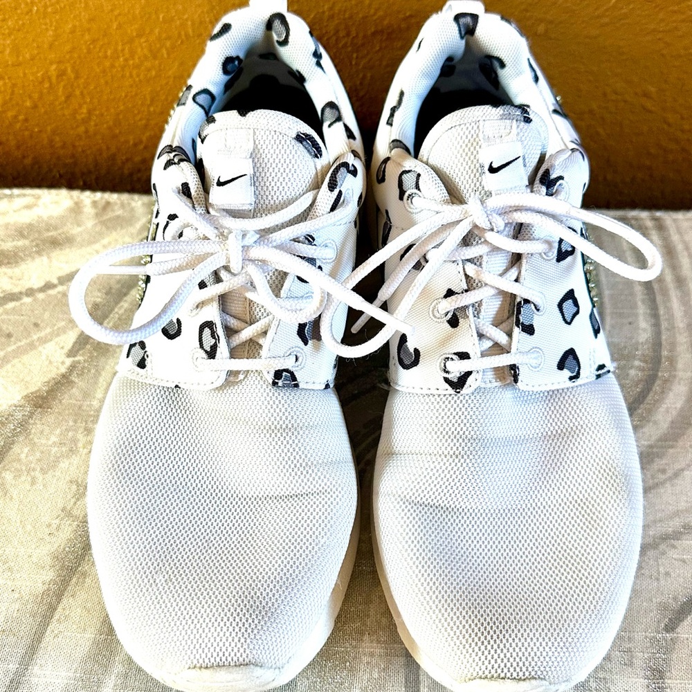 Nike White/Leopard Print Sneakers • Size 7.5 • Bling Swoosh